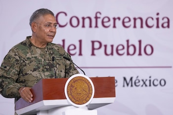 El secretario de Marina en la conferencia mañanera de este 31 de julio. Crédito: Presidencia