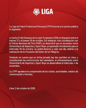 El comunicado de la Liga 1 sobre la programación del partido entre Universitario y Sport Boys.