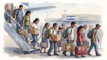 Grupo de personas de diferentes edades desciende por la escalera de un avión. Llevan maletas y cajas, algunas con la palabra USA. Al fondo, edificio de aeropuerto con la bandera de El Salvador.