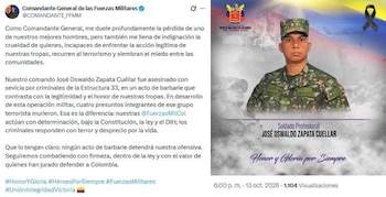 El soldado profesional José Oswaldo Zapata Cuéllar falleció tras pisar un campo minado durante labores de verificación en el Catatumbo. El comandante de las Fuerzas Militares, general Erick Rodríguez, responsabilizó a la Estructura 33 de las disidencias de las FARC por la muerte del uniformado - crédito @COMANDANTEFF_MM/X