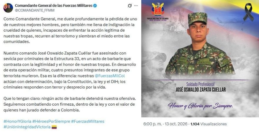 El soldado profesional José Oswaldo Zapata Cuéllar falleció tras pisar un campo minado durante labores de verificación en el Catatumbo. El comandante de las Fuerzas Militares, general Erick Rodríguez, responsabilizó a la Estructura 33 de las disidencias de las FARC por la muerte del uniformado - crédito @COMANDANTEFF_MM/X