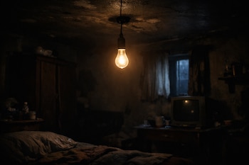 Una bombilla encendida cuelga del techo, iluminando un dormitorio oscuro con una cama deshecha, una ventana con cortinas y un televisor antiguo en un mueble.