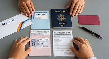 Manos sobre mesa gris organizan documentos: tarjeta ITIN, pasaporte, matrícula consular, licencia extranjera y recibo de luz, con un sobre de banco y lapicera.