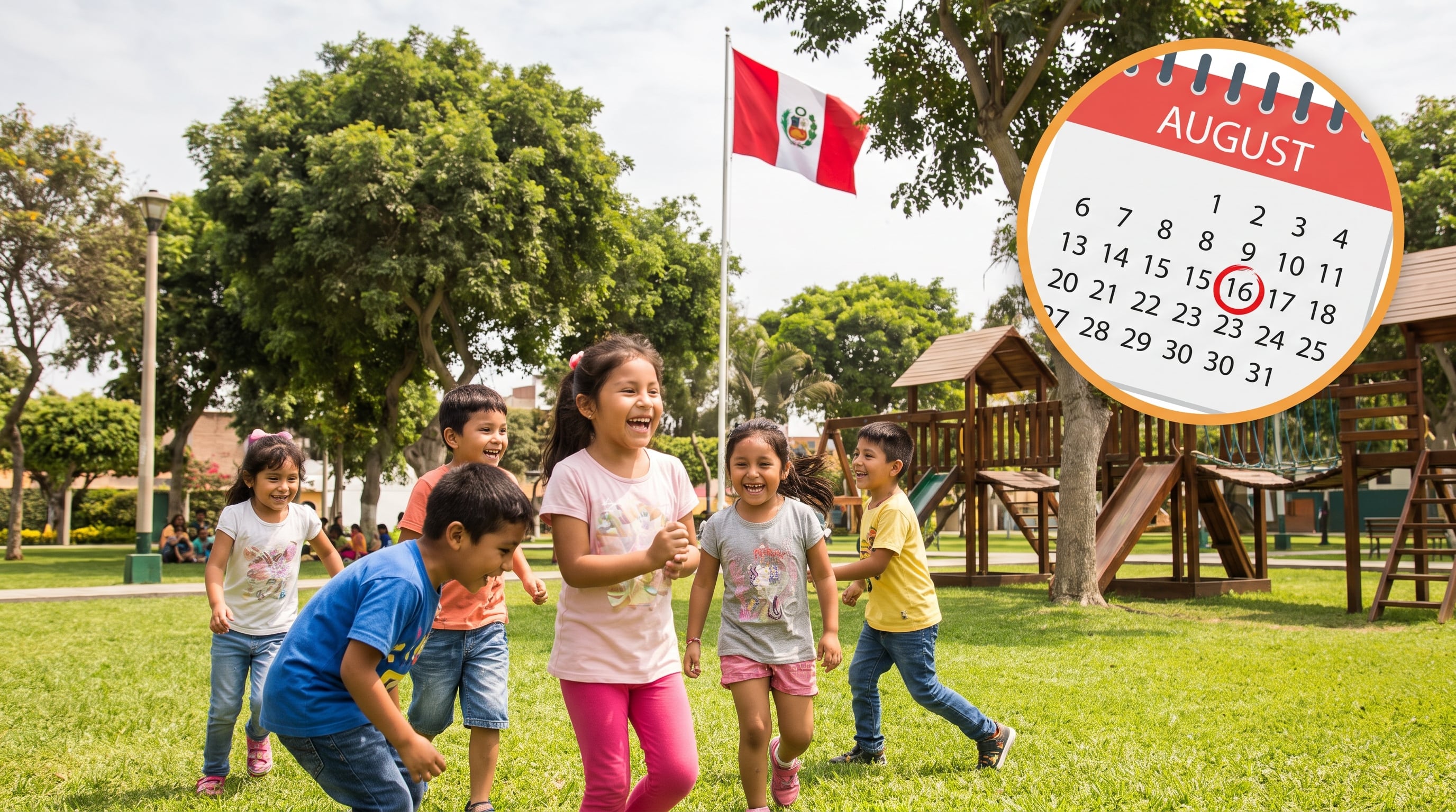 Niños ríen y corren en un parque de Perú, junto a la bandera nacional, mientras un calendario superpuesto señala el 16 de agosto. (Imagen Ilustrativa Infobae)