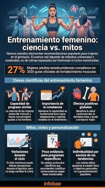 Infografía sobre entrenamiento femenino. Muestra a una mujer levantando pesas, figuras anatómicas masculinas, gráficos y datos sobre el ejercicio en mujeres.
