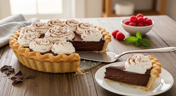 Pay de chocolate casero con crema batida y cacao en polvo sobre mesa de madera. Una porción servida en plato blanco, frambuesas y menta al lado.