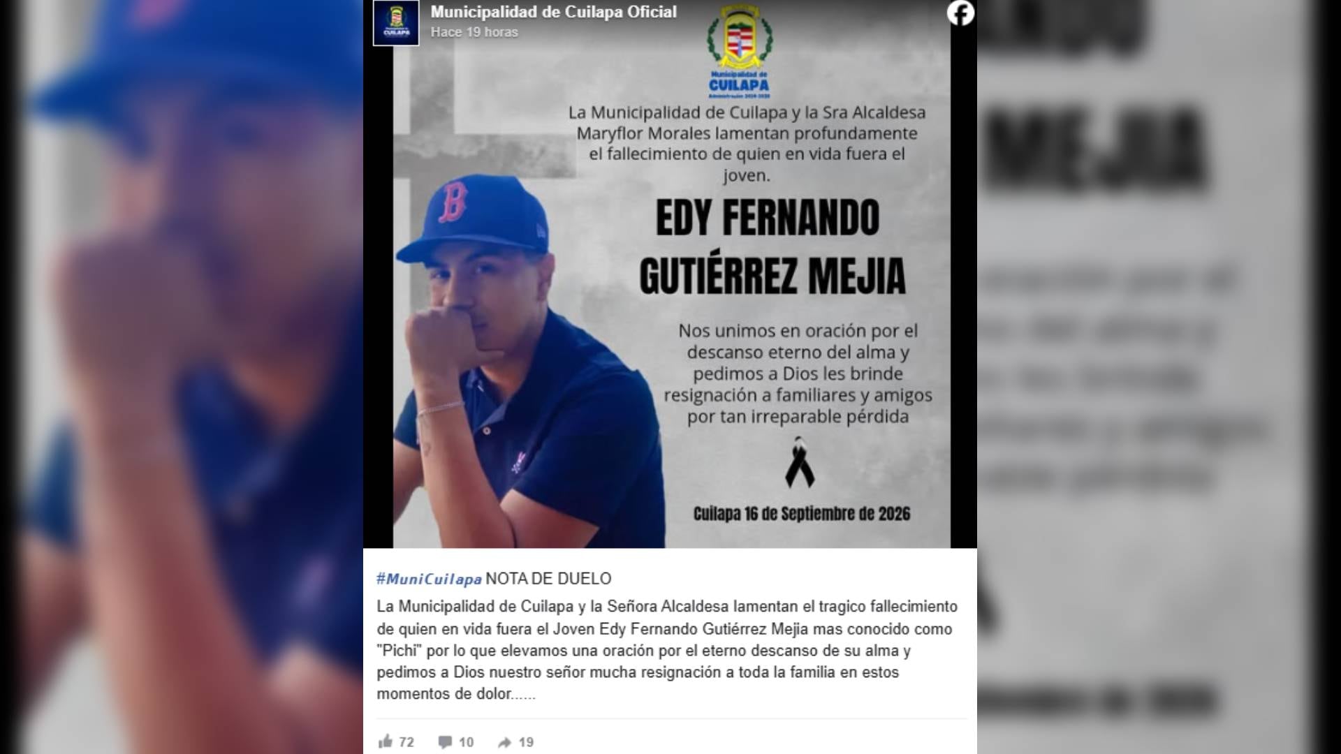 La Municipalidad de Cuilapa en Guatemala emite una nota de duelo oficial por el fallecimiento de Edy Fernando Gutiérrez Mejía. (Municipalidad de Cuilapa Oficial )