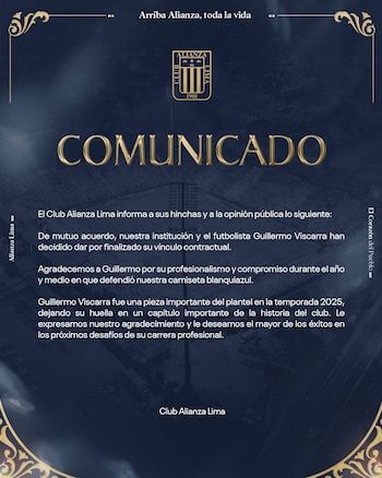 El comunicado de Alianza Lima sobre la salida de Guillermo Viscarra.