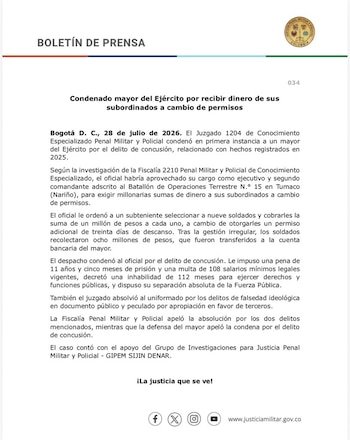 El mayor del Ejército le pedía a cada uno de sus subordinados un millón de pesos - crédito @JPMP_Colombia/X