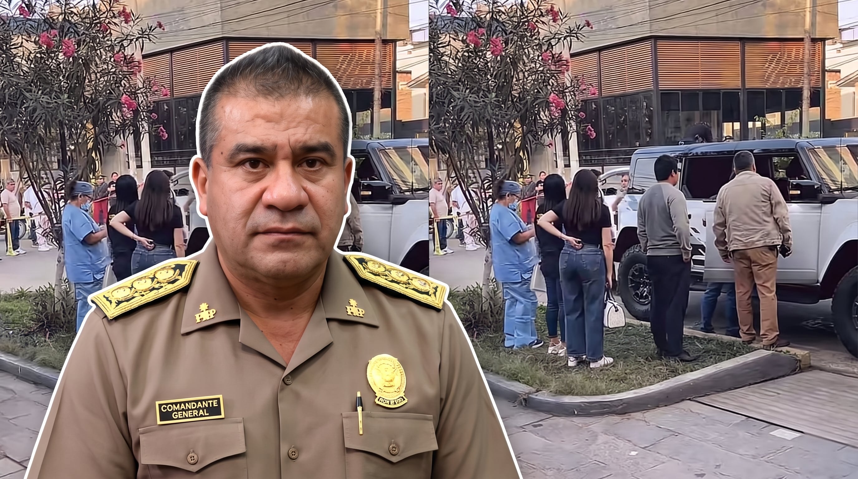 El comandante general de la Policía Nacional del Perú, Oscar Arriola, aparece sobrepuesto a una escena con personas y un vehículo en una calle. (Imagen Ilustrativa Infobae)