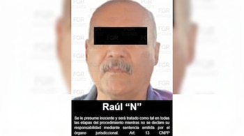 Retrato de hombre calvo con bigote y ojos cubiertos. Logotipos de Fiscalía General de la República en el fondo. Texto identifica a "Raúl N" y menciona presunción de inocencia CNPP.