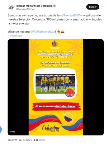 Las Fuerzas Militares celebraron el desempeño de la selección Colombia - crédito @FuerzasMilCol/X
