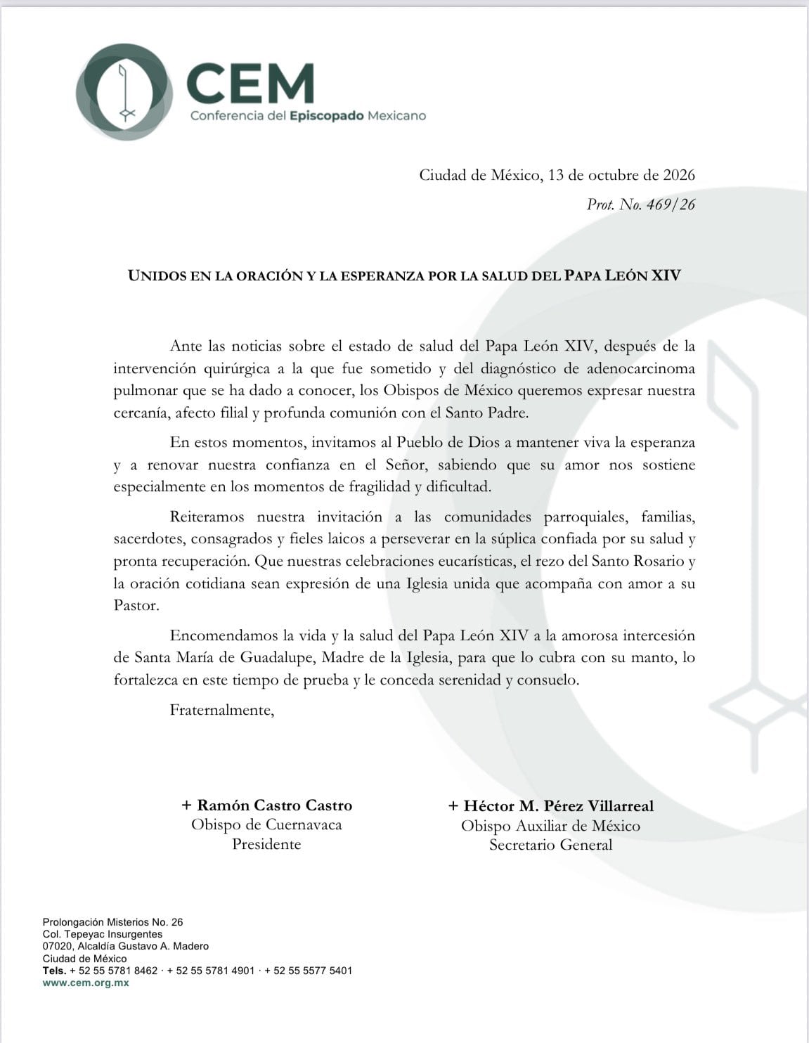 La CEM expresa su apoyo y llama a la oración por la salud del papa León XIV (Cortesía )