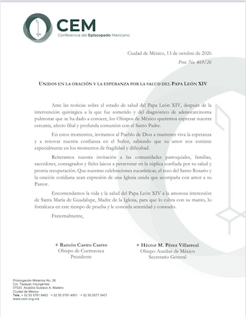 Comunicado impreso de la Conferencia del Episcopado Mexicano con un mensaje sobre la salud del papa León XIV y dos firmas al final