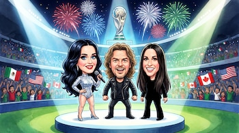 Caricatura de Katy Perry, Fher Olvera de Maná y Alanis Morissette en un escenario de estadio. Se ven fuegos artificiales, el trofeo del Mundial 2026 y banderas de México, Canadá y EE.UU.
