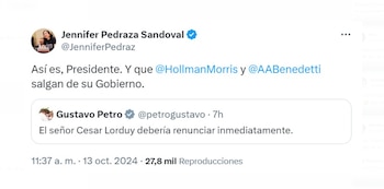 Jennifer Pedraza pidió la salida de Armando Benedetti y Hollman Morris del Gobierno - crédito @JenniferPedraz/X