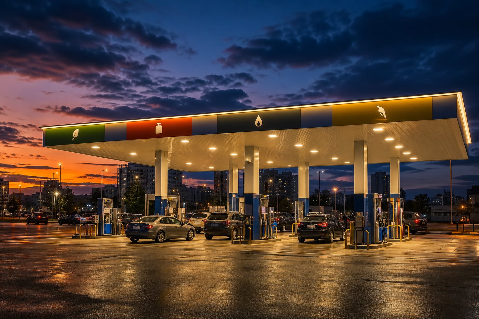Una estación de servicio urbana atiende a varios vehículos bajo una marquesina iluminada al atardecer. (Imagen Ilustrativa Infobae)