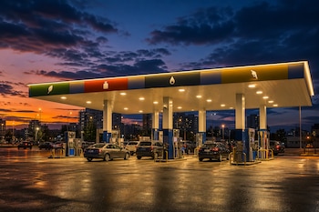 Estación de servicio iluminada con surtidores, automóviles estacionados bajo una marquesina y cielo crepuscular.