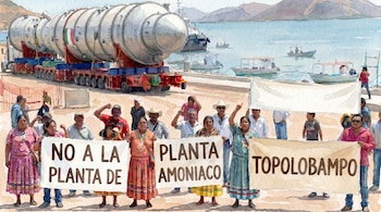 Personas sostienen pancartas de protesta "No a la planta de amoniaco en Topolobampo" frente a un gran componente industrial en un camión y el puerto.