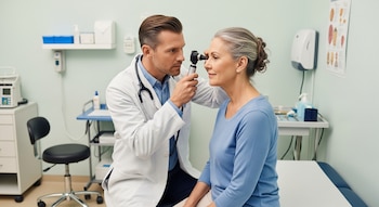 Un doctor en bata blanca examina el oído de una mujer adulta con un otoscopio. Están en una consulta médica con equipo médico visible.