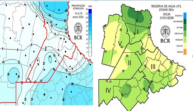 Los mapas de la BCR reflejan la situación en la zona núcleo, sin lluvias importantes en las últimas semanas y con reservas de agua útil en el suelo que se debilitan rápidamente.(BCR)