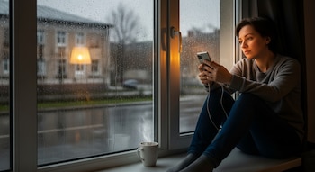 Una mujer sentada en el alféizar de una ventana con gotas de lluvia, sostiene un teléfono móvil con cable, una taza humeante y un edificio con una lámpara encendida en el fondo.