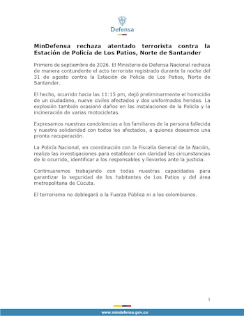 El Ministerio de Defensa coordinó acciones con la Fiscalía General de la Nación para esclarecer quiénes planearon y ejecutaron el atentado en Los Patios - crédito @mindefensa / X