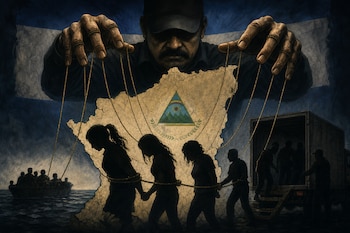 Un hombre manipula cuerdas atadas a siluetas humanas frente al mapa de Nicaragua, junto a un camión y una embarcación.