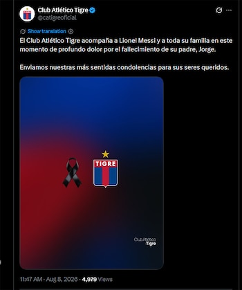 Captura de pantalla de un tuit del Club Atlético Tigre. Mensaje de condolencias con el escudo del club y un lazo negro sobre fondo azul y rojo degradado