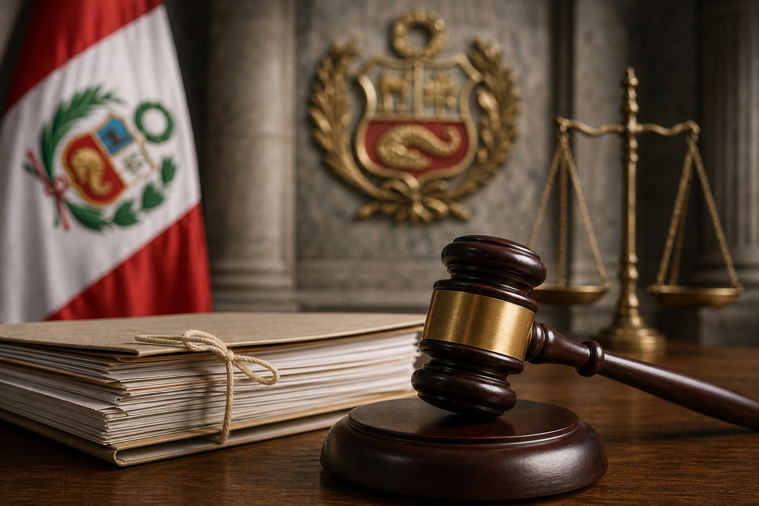 Un mazo de madera y un expediente judicial reposan junto a la bandera y el escudo nacional de Perú en un despacho oficial. (Imagen Ilustrativa Infobae)