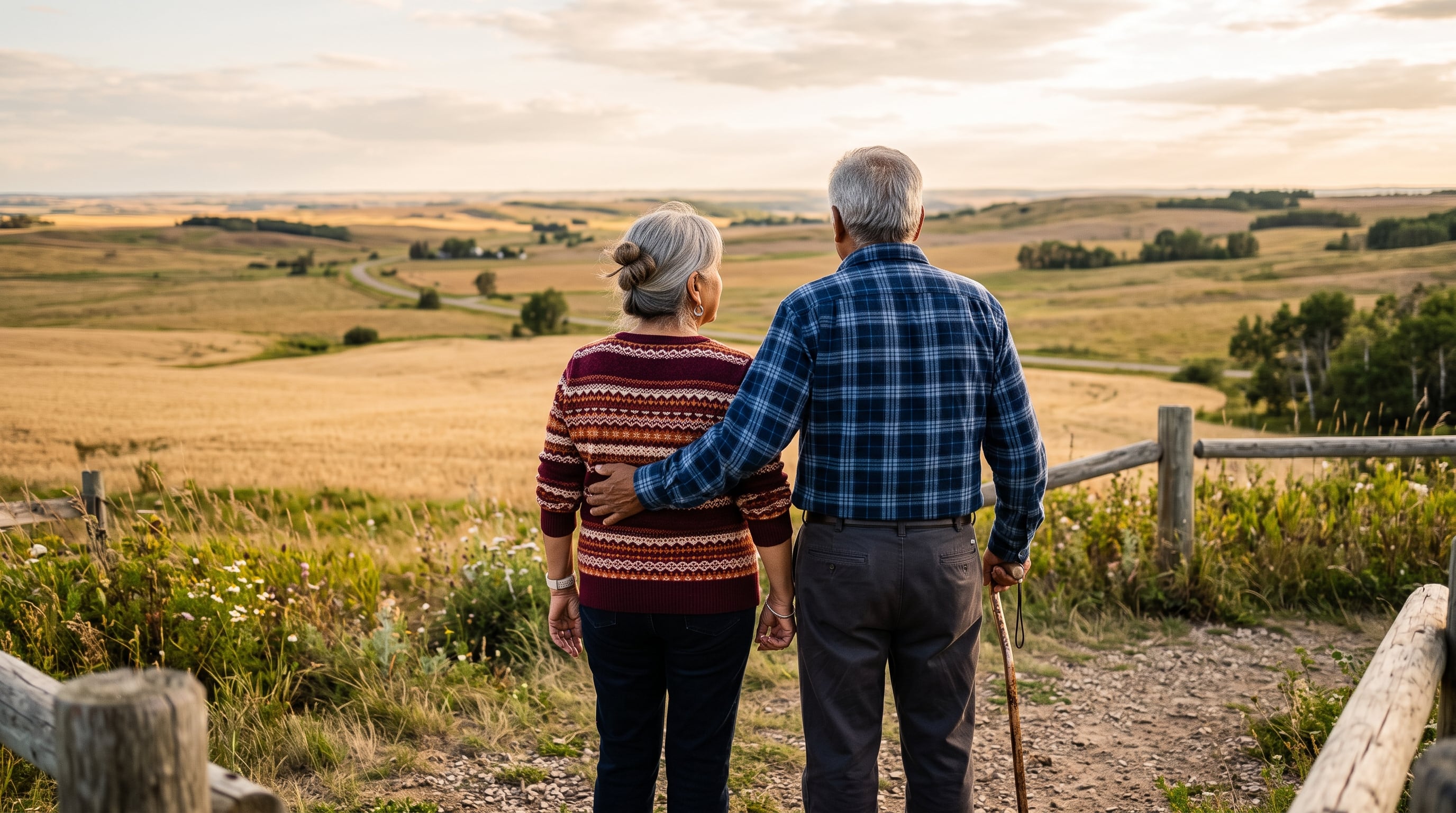 Una pareja de adultos mayores contempla una llanura rural desde un camino delimitado por cercas de madera. (Imagen Ilustrativa Infobae)