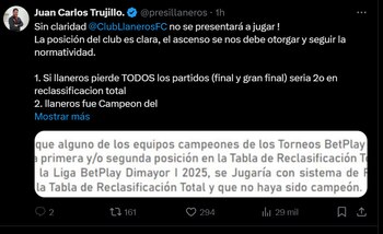 Llaneros no se presentará a jugar la final de ascenso - crédito @presillaneros/X