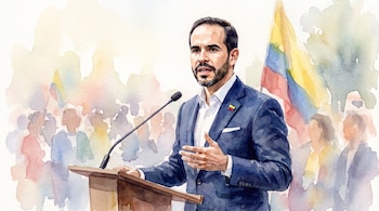 Ilustración en acuarela de un hombre con barba en un podio con micrófono, un pin de la bandera colombiana y una bandera colombiana al fondo.