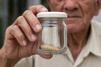 Mano que sostiene un frasco transparente con tapa blanca con una larva en el fondo.