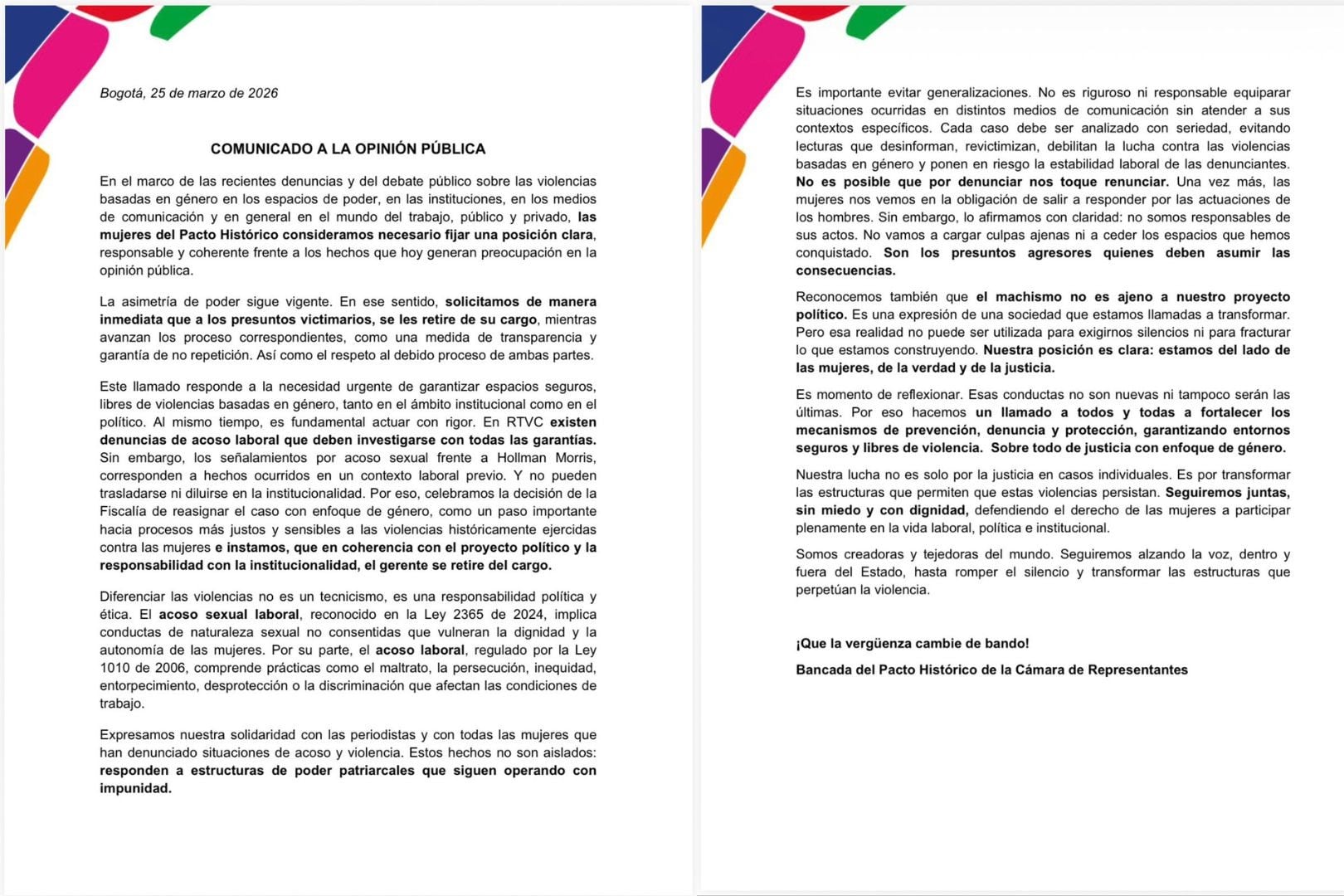En el comunicado, diferencian entre acoso sexual laboral y acoso laboral según la normativa vigente - crédito Pacto Histórico