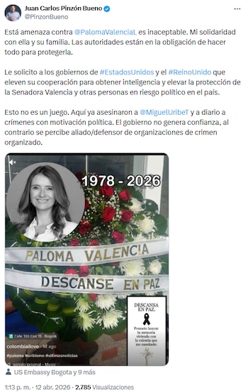 Juan Carlos Pinzón pidió apoyo internacional para proteger a Paloma Valencia tras amenazas - crédito @PinzonBueno/X