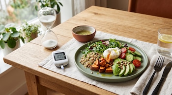 Plato con ensalada, aguacate, camote, quinua y huevo sobre mesa de madera junto a un glucómetro, un reloj de arena y cubiertos.