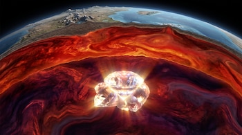 Corte transversal de la Tierra con continentes, océanos, atmósfera, corteza y el manto que aloja diamantes incandescentes en sus profundidades.