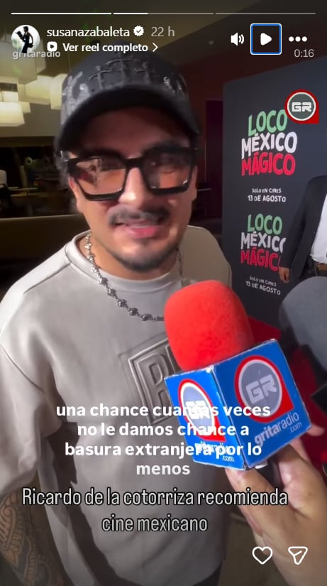 Ricardo Pérez, comediante de La Cotorrisa y pareja de Susana Zabaleta, recomienda el cine mexicano en una entrevista registrada para una historia digital. (Instagram: Susana zabaleta)
