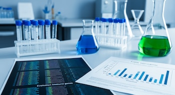 Mesa de laboratorio con tubos de ensayo, matraces con líquidos azul y verde, y documentos impresos que muestran secuencias genéticas y gráficos sobre evolución de genes inmunitarios.