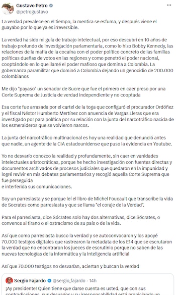 Gustavo Petro defendió su trayectoria y denunció la infiltración mafiosa en el poder - crédito @petrogustavo/X