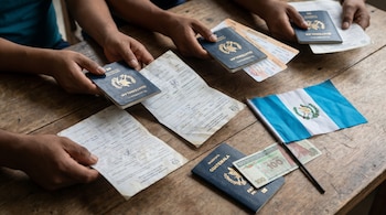 Manos de diferentes tonos de piel sostienen pasaportes guatemaltecos, documentos migratorios y boletos de autobús sobre una mesa de madera. Incluye bandera y billete de quetzal.
