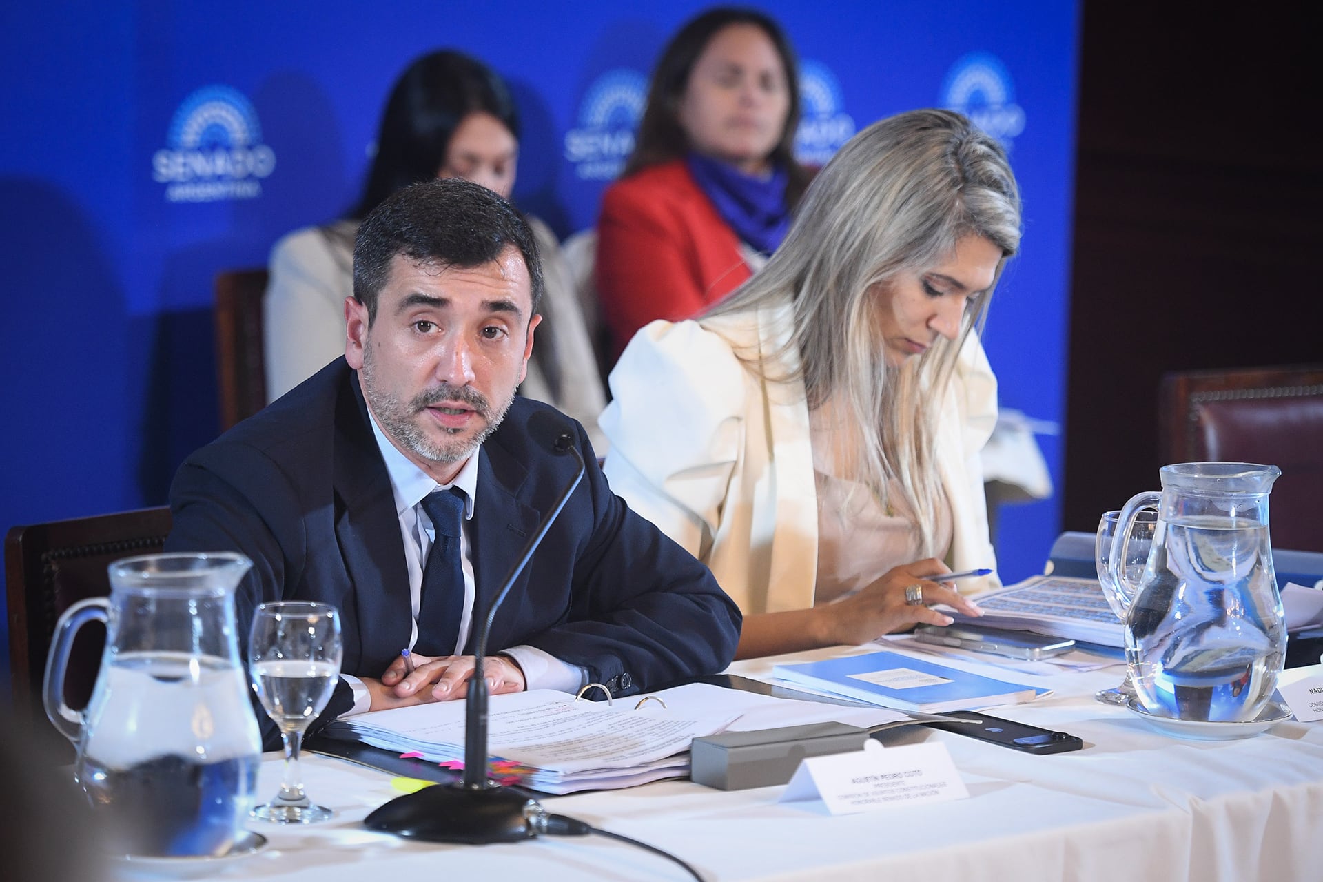 Los libertarios y titulares de las comisiones de Asuntos Constitucionales -cabecera-; y de Legislación General de la Cámara alta, Agustín Coto y Nadia Márquez, respectivamente. Por momentos, la segunda tuvo que tomar el control del plenario ante silencios del primero y se cruzó con el kirchnerismo (Prensa Senado)