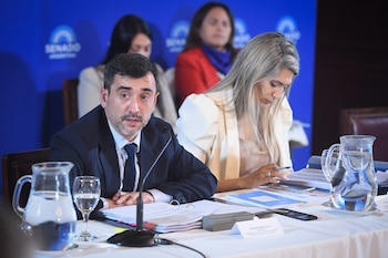 Hombre barbudo en traje oscuro habla en micrófono. A su derecha, mujer rubia mira tableta. Mesa con documentos, jarras de agua. Fondo azul con logo Senado