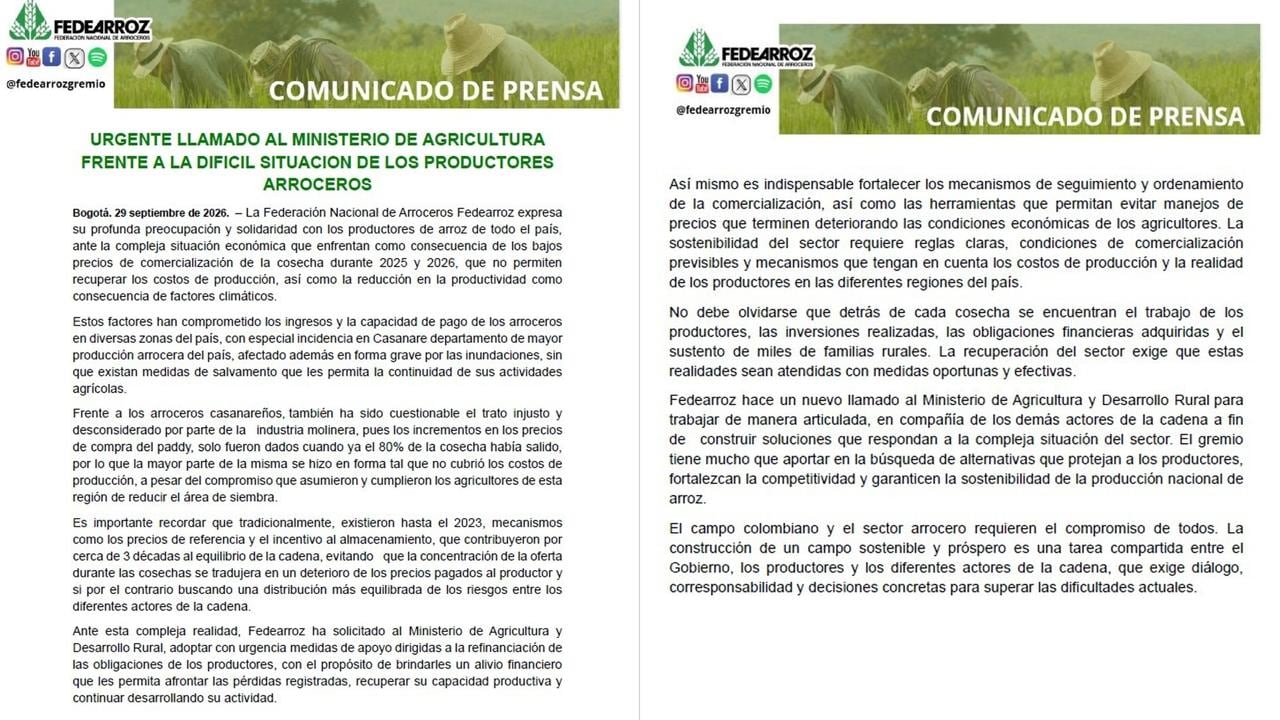 Fedearroz cuestionó que los incrementos en los precios de compra se produjeran cuando ya había salido cerca del 80% de la cosecha -crédito @FEDEARROZGREMIO/X