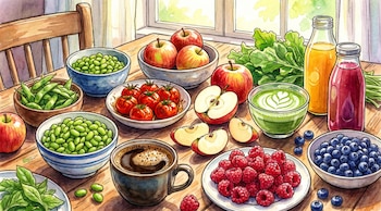 Mesa de madera con tazones y platos de manzanas, frambuesas, arándanos, edamame, tomates y vegetales, además de café, jugos y un batido verde