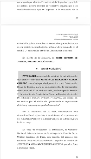 La Corte Suprema de Justicia emitió concepto favorable para la extradición de Jefferson Alexander Muriel Caicedo - crédito Corte Suprema de Justicia