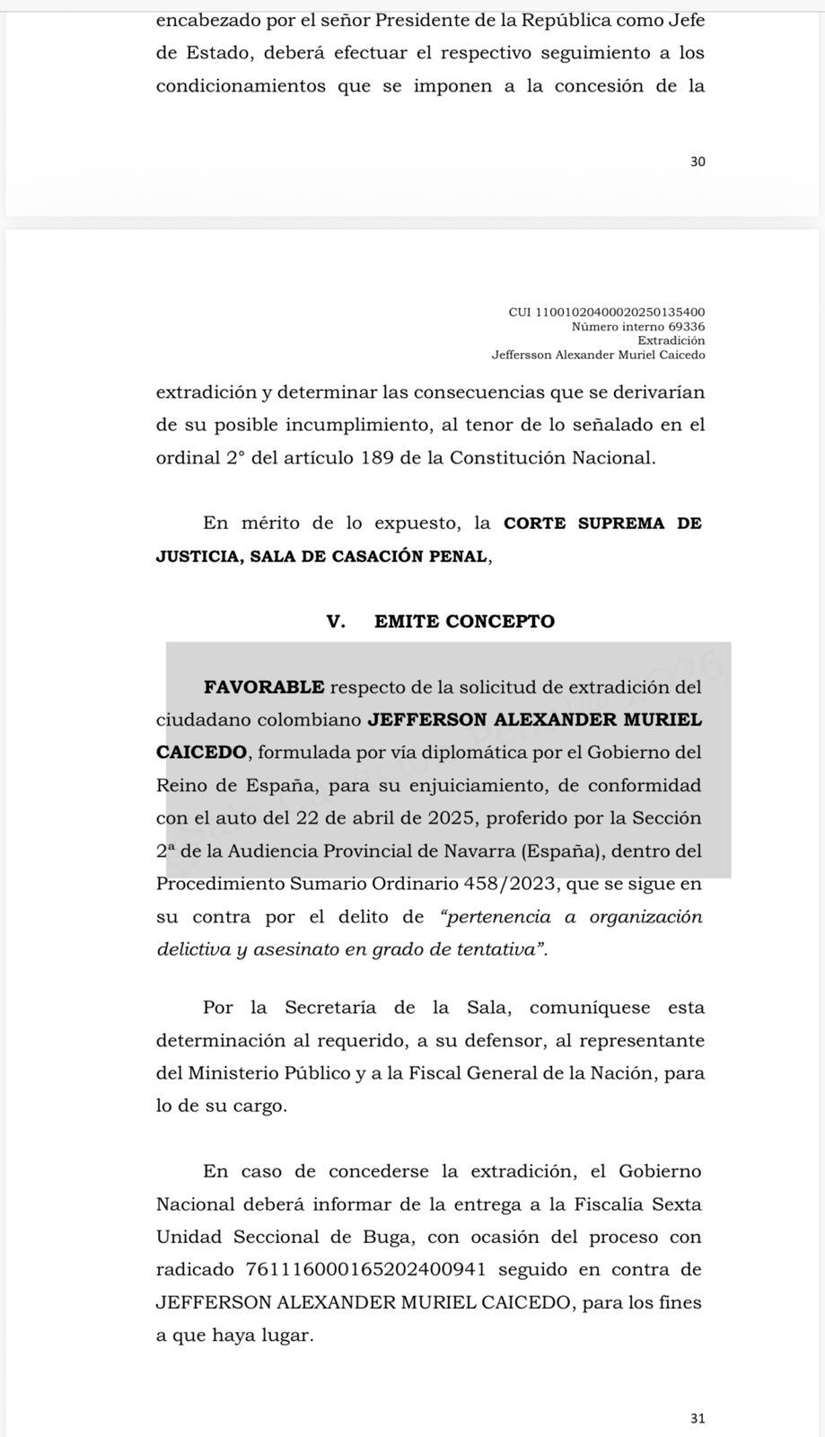 La Corte Suprema de Justicia emitió concepto favorable para la extradición de Jefferson Alexander Muriel Caicedo - crédito Corte Suprema de Justicia