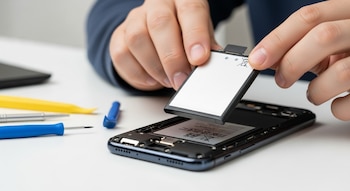 Primer plano de manos extrayendo una batería rectangular blanca de un teléfono celular abierto sobre una mesa blanca, junto a herramientas de reparación azules y amarillas.