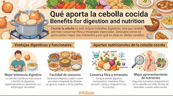 Infografía con ilustraciones de cebollas en una olla hirviendo, guisos variados, moléculas de nutrientes y el sistema digestivo.